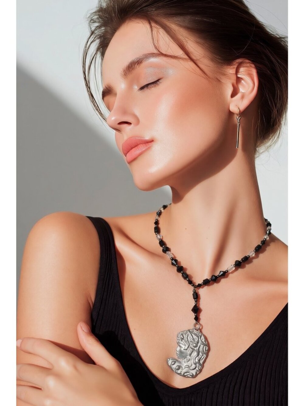 Art Nuveau Clay Lady Pendant with Artisan Crystal Beaded Necklace